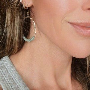 Sea Green Aventurine SPARKLY Gold Beaded Earrings Gemstone Dangle Hoop beaded